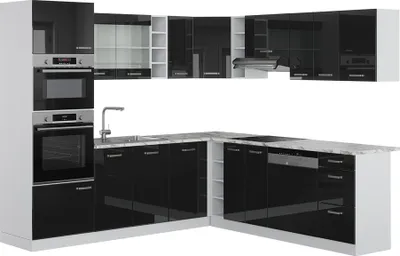 Produktbild von Eckküche Vicco R-Line Schwarz Hochglanz 247 x 60 cm , AP Marmor, Model 40996