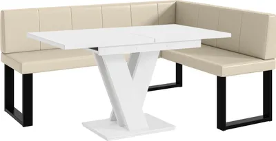 Produktbild von MEBLINI Eckbank für Esszimmer mit ausziehbarem Tisch  - Küchenbank - Essecke - Sitzecke Küche - PETER - U-Beine 128x168x87cm Rechts - Creme Kunstleder/M Weiß Matt