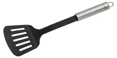 Produktbild von Fackelmann Schlitzwender 33 cm OVALGRIFF, praktischer Pfannenwender aus Kunststoff mit ergonomischem Griff aus Edelstahl, Küchenhelfer zum Kochen (Farbe: Silber/Schwarz)