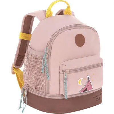 A pink children's backpack with brown accents and yellow straps, featuring a graphic of a tipi and moon.