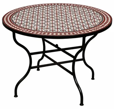Produktbild von ORIGINAL Marokkanischer Mosaiktisch Gartentisch ø 100cm Groß rund klappbar | Runder klappbarer Mosaik Esstisch Mediterran | als Klapptisch für Balkon oder Garten | (Albaicin Schwarz Weiss Bordeaux)