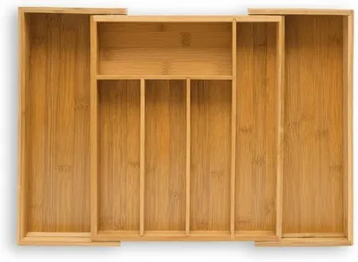 Produktbild von PolkaHome® Besteckkasten aus Bambus, ausziehbarer Besteck-Organizer für die Schublade, 5 Fächer, 29-48 x 34 cm, Natur