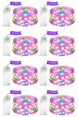 Lichterkette Kupferdraht bunt 1 m 10 LEDs Timer 8er-Set