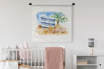Produktbild von MuchoWow® Wandteppich Wandbehang Palme - Tasche - Muscheln 90x90 cm Tapisserie Dekoration Wandtuch - Wandaufhänger
