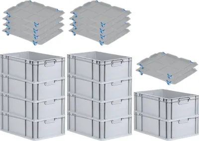 Produktbild von SparSet 10x Eurobox NextGen Grip mit Auflagedeckel inkl. 4 blauen Schiebeschnappverschlüssen | HxBxT 22x40x60cm | 44 Liter | Grau | Griffe geschlossen | Verstärkter Boden | Eurobehälter, Transportbox, Transportbehälter, Stapelbehälter