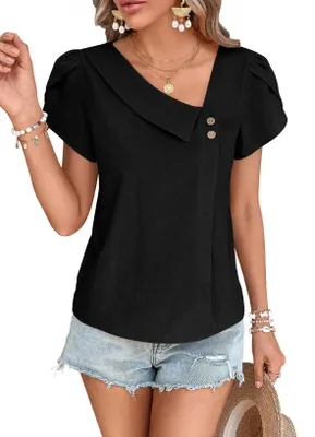 Produktbild von TUUHAW Bluse Damen V-Ausschnitt Blütenblattärmel Kurzarm Boho Schwarz M