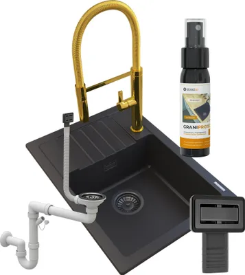 Zdjęcie produktu dla Granitan | Zlewozmywak granitowy – czarny – 62 x 44 x 17,5 cm – ARGOS + syfon czarny + bateria kuchenna FULL Gold + impregnat