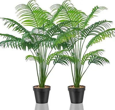 Immagine prodotto di Set di palme artificiali per giardino - Piante alte in plastica - 2 vasi con palma gialla - Decorazione per interni ed esterni
