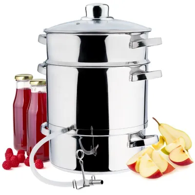 A stainless steel steam juicer with bottles of juice, raspberries, and sliced apples.