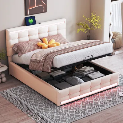 Image de MODFU, lit rembourré 140 x 200 cm, structure de lit fonctionnelle, lit pour adolescents avec grand espace de rangement et 2 ports USB de recharge, sans matelas - beige