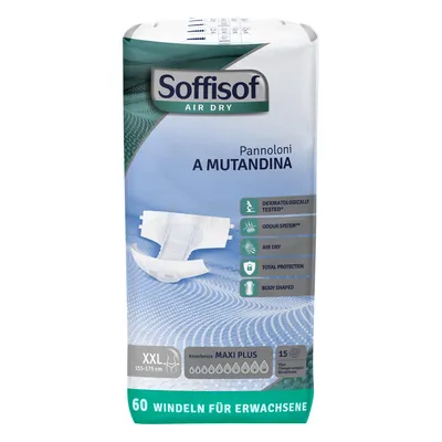 Zdjęcie produktu dla Soffisof Air Dry pieluchomajtki dla dorosłych Maxi Plus XXL - 60x majtki chłonne - 4 opakowania po 15 sztuk, 10 kropli - majtki chłonne dla dorosłych