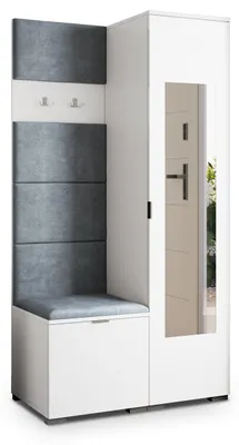 Produktbild von Masseno Garderobe-Set VIRA 95/181/51 cm Modern Garderobenschrank Weiß, Veloursstoff MONOLITH 85 (Grau)