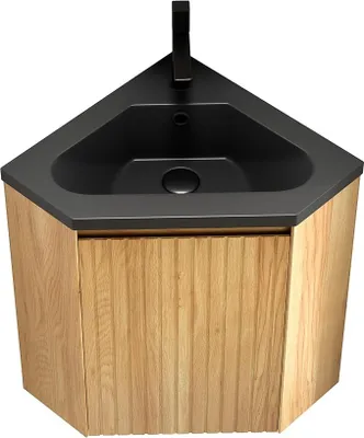 Produktbild von Eckwaschtisch mit Unterschrank 38 cm für kleine Badezimmer | Waschtisch mit Unterschrank in Schwarz und Holzoptik | Badmöbel Set mit Waschbecken für Gäste WC | Hängender Waschbeckenunterschrank