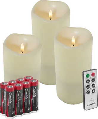 Produktbild von Candela Lights Outdoor LED Kerzen 3er Set Cream inkl. Fernbedienung + 6 Batterien Timer Funktion & mehrstufig dimmbar flammenlos Stumpenkerzen