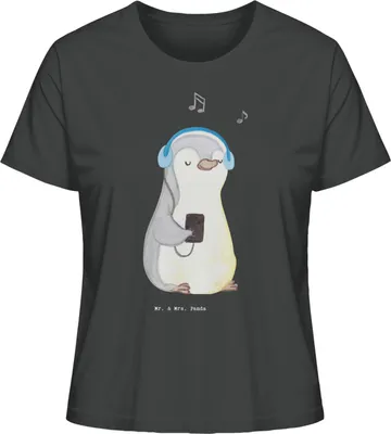 Produktbild von Mr. & Mrs. Panda Damen Oberteil Pinguin Musik hören Größe L - Anthrazit - Geschenk, Lieblingssong, Sommershirt, Kurzarmshirt, Basic T-Shirt