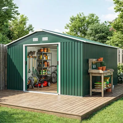Produktbild von SUGIFT Gartenhaus wetterfest, Geräteschuppen Stahl, Gerätehaus mit Schiebetüren, Dunkelgrün  |  Stahlfundament  |  4 Belüftungsfenster  |  386 x 340 x 200 cm