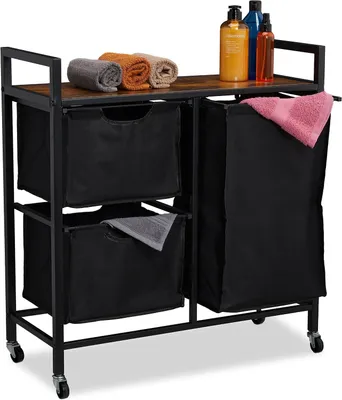 Immagine prodotto di Cesto per la biancheria con 3 scomparti - Cesti estraibili - Contenitore per la biancheria su ruote - Smistatore per il bucato - Design industriale - Nero - Marrone
