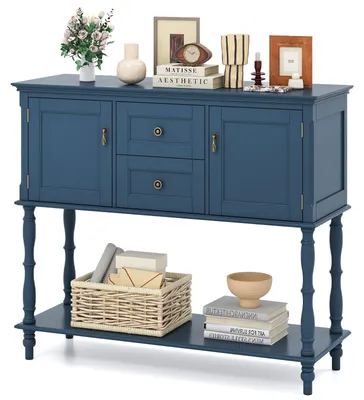 Productafbeelding van COSTWAY Vintage console tafel met 2 lades en 2 kastjes, smalle gangtafel met open vak aan de onderkant en antikeilig, entree tafel, bijzettafel, blauw