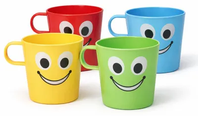 Image de Lot de 4 tasses pour enfants avec anse – 270 ml – Tasses Smiley – Plastique – 4 couleurs – Lavables au lave-vaisselle