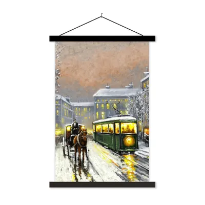 Produktbild von MuchoWow® Textilposter Gemälde - Ölgemälde - Winter - Straßenbahn - Pferd 40x60 cm mit schwarzem Rahmen - Wanddekorationen