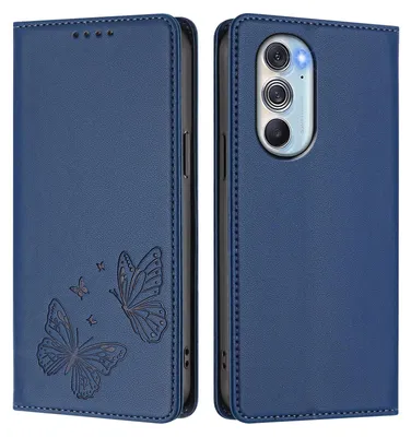Obrázek produktu pro Kožené pouzdro pro Motorola Edge 30 Pro, motýlí ražbou, peněženkové flip pouzdro se stojánkem Tmavě modrá