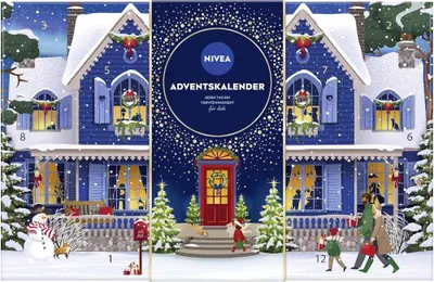 A festive winter scene depicting two houses with Christmas decorations, snow, and people walking in the snow. The center panel features the NIVEA Adventskalender logo.
