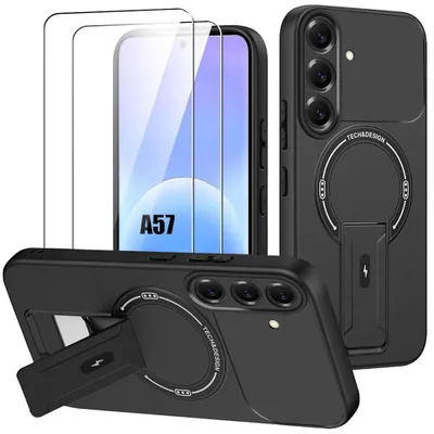 Image de Coque + 2 Verres Trempés pour Samsung Galaxy A57 5G, Silicone avec Cercle Magnétique Support - Noir