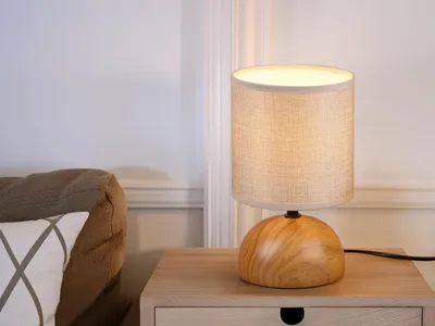 Produktbild von LED Tischleuchte klein mit rundem Stofflampenschirm & Keramik in Holzoptik Ø14cm