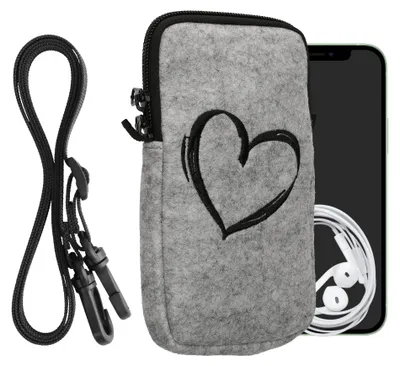 Produktbild von kwmobile Handytasche für Smartphones L - 6,5" - Filz Handy Hülle Schwarz Hellgrau - Handy Tasche mit Kette 16,5 x 8,9 cm Innenmaße - Herz Brush