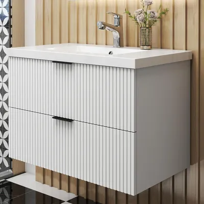 Produktbild von AICA Waschbeckenunterschrank Weiß Matt 80cm Mineralguss Waschtisch mit Unterschrank,2 Softclose-Schubladen,geriffelte Schubladentüren