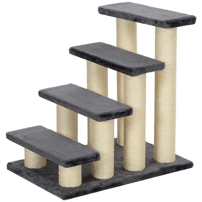 Zdjęcie produktu dla Schodki dla zwierząt, 4 stopnie dla psów i kotów, płyta wiórowa, plusz, kolor szary | antypoślizgowe | 7,96 kg | 60x40x59 cm