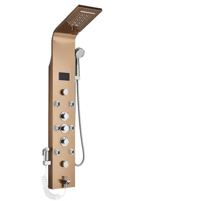 A rose gold shower panel with multiple jets and a digital display.