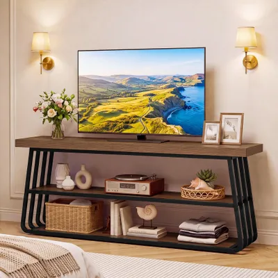 Productafbeelding van Tribesigns TV-standaard voor 55/65-inch televisies, TV-console met opbergruimte voor 63-inch televisies, entertainmentcenter met 3 niveaus, mediameubel in industriële stijl