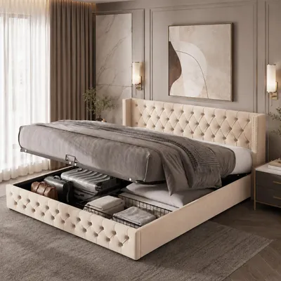 Image de OKWISH Lit capitonné 180×200 cm hydraulique avec coffre de rangement, double rangée de clous, flanelle, sans matelas – beige, Image générée par une IA