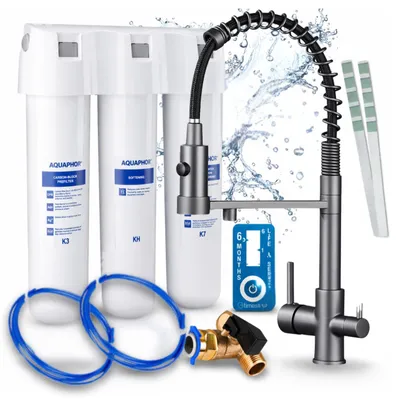 Produktbild von Ari 3-Wege-Küchenarmatur Solid Spring, Graphit, Ausziehbare Spültischarmatur Im Set Mit Aquaphor Kristall H Wasserfiltersystem