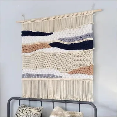 Imagen del producto de Adorno de pared de macramé, juego de adornos de pared de macramé, algodón, decoración de pared de macramé, tapiz, tejido a ganchillo, arte de pared tejido, para cualquier ocasión (70 cm x 90 cm)