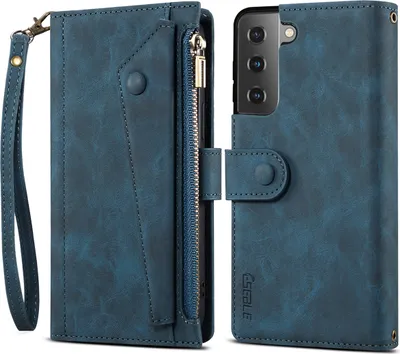 A blue leather wallet case for a Samsung Galaxy S21 FE 5G phone is shown open, with the phone inserted into the right side and the wallet portion on the left.