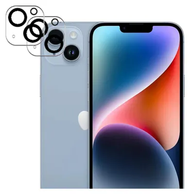 A light blue iPhone 14 is shown from the back and front, with a close-up of the camera lenses and a protective film overlay.