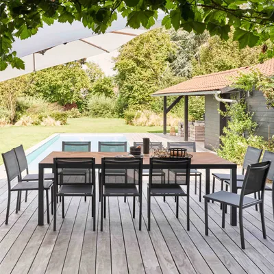 Image de Ensemble table de jardin en céramique effet bois et 12 chaises - Oviala Tivoli