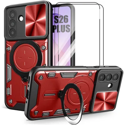 Image de Coque + 2 Verres Trempés pour Samsung Galaxy S26 Plus, avec Anneau et Protection Caméra - Rouge