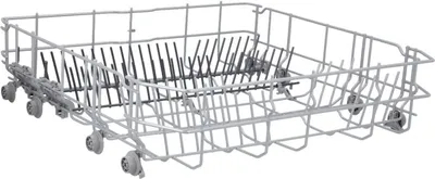 A close-up view of a gray dishwasher rack with wheels.