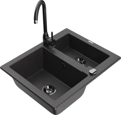 Produktbild von Mexen Carlos 1,5-Becken-Granitspüle mit Mischbatterie Telma, Schwarz gesprenkelt - 6518-76-670200-70-B
