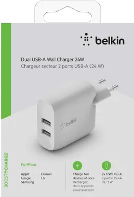 Produktbild von Belkin Dual USB-A Ladegerät, 24W weiß                  WCB002vfWH