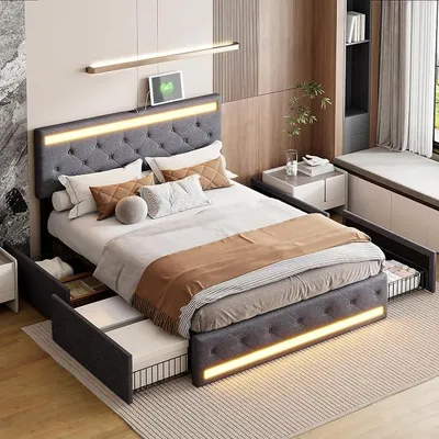 Image de Lit coffre double, dimensions 160 x 200 cm, avec 4 tiroirs, éclairage LED intégré et une tête de lit avec fonction de charge USB. Lit coffre, lit avec tiroirs de rangement, couleur gris foncé