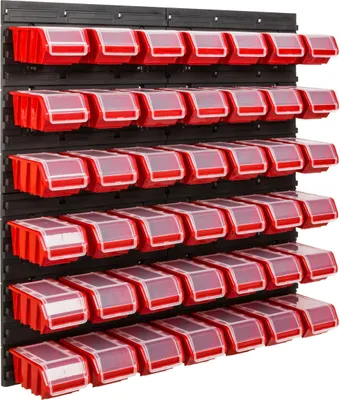 Zdjęcie produktu dla System magazynowy Regał warsztatowy | 78 x 78 cm | 42 szt. Pudełko | Regał ścienny z pojemnikami do układania w stosy – płyty ścienne Bardzo wytrzymały regał z przegródkami Ściana narzędziowa Regał magazynowy Regał garażowy