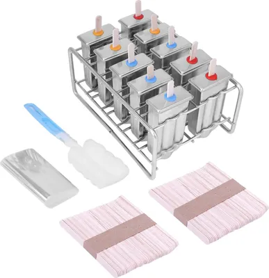 Produktbild von 10 Formen aus Edelstahl für Eis am Stiel, 100 Stück, Stielhalter, runder Kopf
