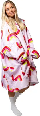 Produktbild von Unyqoos® Regenbogen Oversized Hoodie-Decke mit Kapuze & Ärmeln – One Size für Erwachsene (L 92 × B 103–105 cm), ultrazartes Fleece, 100% Polyester, Kängurutasche