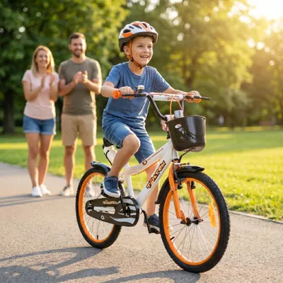 Produktbild von Actionbikes Kinderfahrrad Timson 20 Zoll | Kinder Fahrrad - V-Brake Bremsen - Kettenschutz - Fahrradständer - Fahrradkorb - 6-9 Jahre (Orange/Weiß)