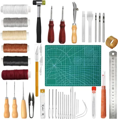 Produktbild von Lederwerkzeug Set 56-teilig, für Reparatur, 6 Garnfarben 30 m, Locher, Kantenkürzer