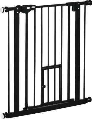 Produktbild von PawHut Sicherheits-Hundebarriere, ausziehbare Haustierbarriere mit kleiner Tür, automatischem Schließen und doppeltem Verriegelungssystem für Tür, Flur, Treppe, 74–80 x 76,2 cm, Schwarz